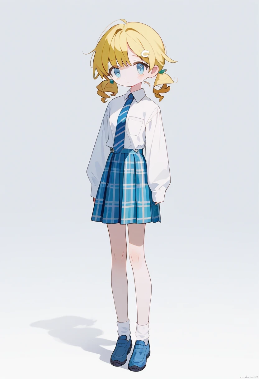 1girls,yellow hair, short hair, curly twin tails, long sleeves, white button up, dark blue tie, blue plaid skirt, short white socks, blue shoes, shy look, standing up, full body, score_9,score_8_up,score_7_up,Expressiveh,rating_safe,(masterpiece, best quality)