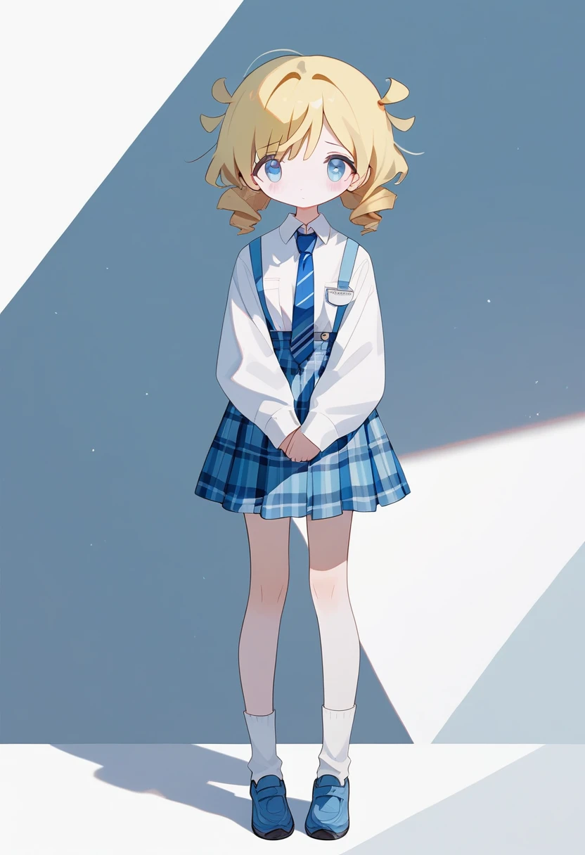 1girls,yellow hair, short hair, curly twin tails, long sleeves, white button up, dark blue tie, blue plaid skirt, short white socks, blue shoes, shy look, standing up, full body, score_9,score_8_up,score_7_up,Expressiveh,rating_safe,(masterpiece, best quality)