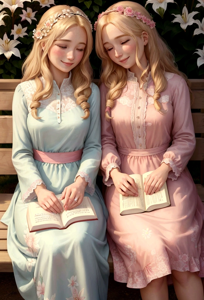 Lily's beautiful mother, Anna, joins her on the bench. Anna has long, wavy blond hair and wears a pink dress with a floral pattern. She looks lovingly at Lily, who glances up from her book with a smile. The bond between them is evident as they share a moment of quiet joy.