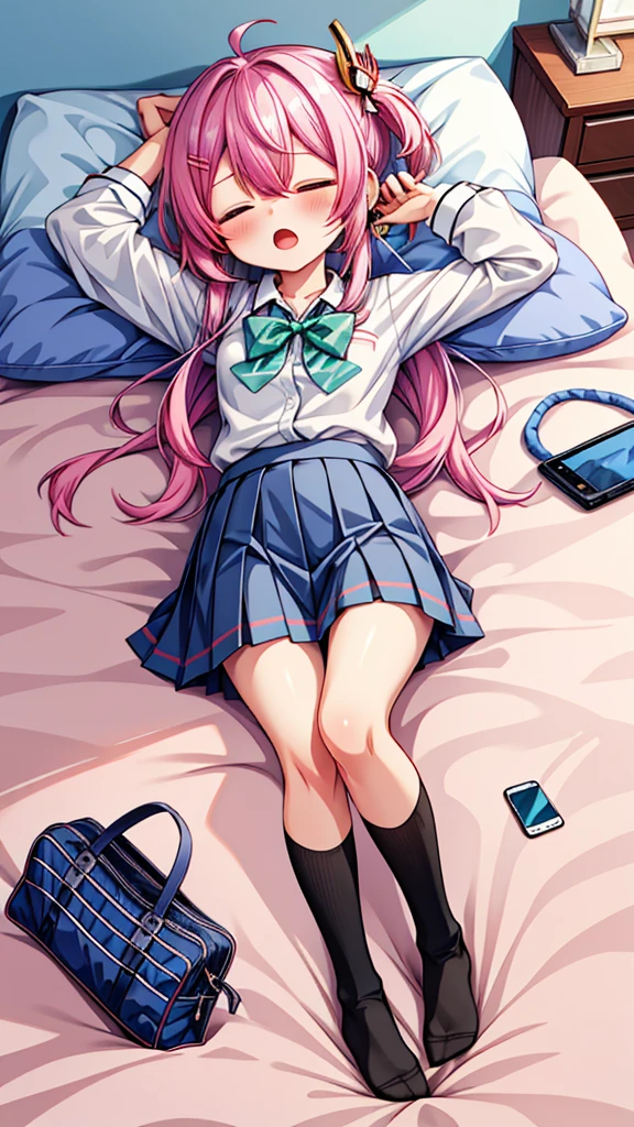 masterpiece,best quality,high quality,(colorful),[Artist onineko],[Artist chen bin],[Artist agwing86],Artist minato ojitan, 1girl, solo, lying, phone, on back, cellphone, skirt, closed eyes, bow, pillow, smartphone, socks, shirt, hair ornament, pleated skirt, sleeping, earphones, white shirt, school uniform, on bed, indoors, long hair, bowtie, blush, bed, hairclip, black socks, long sleeves, grey skirt, earbuds, breasts,open mouth, bag, school bag, collared shirt, no shoes, open skirt, small breasts, wooden floor, from above, black bowtie, white hair,green hair,hair ornament, gradient hair,nahida (genshin impact),