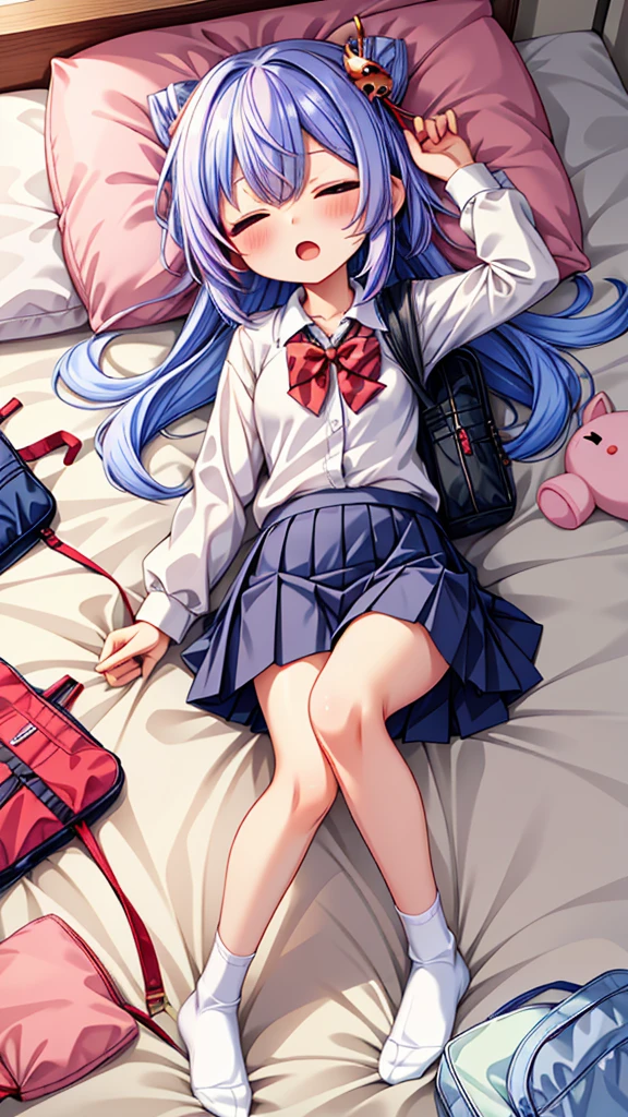 masterpiece,best quality,high quality,(colorful),[Artist onineko],[Artist chen bin],[Artist agwing86],Artist minato ojitan, 1girl, solo, lying, phone, on back, cellphone, skirt, closed eyes, bow, pillow, smartphone, socks, shirt, hair ornament, pleated skirt, sleeping, earphones, white shirt, school uniform, on bed, indoors, long hair, bowtie, blush, bed, hairclip, black socks, long sleeves, grey skirt, earbuds, breasts,open mouth, bag, school bag, collared shirt, no shoes, open skirt, small breasts, wooden floor, from above, black bowtie, white hair,green hair,hair ornament, gradient hair,nahida (genshin impact),