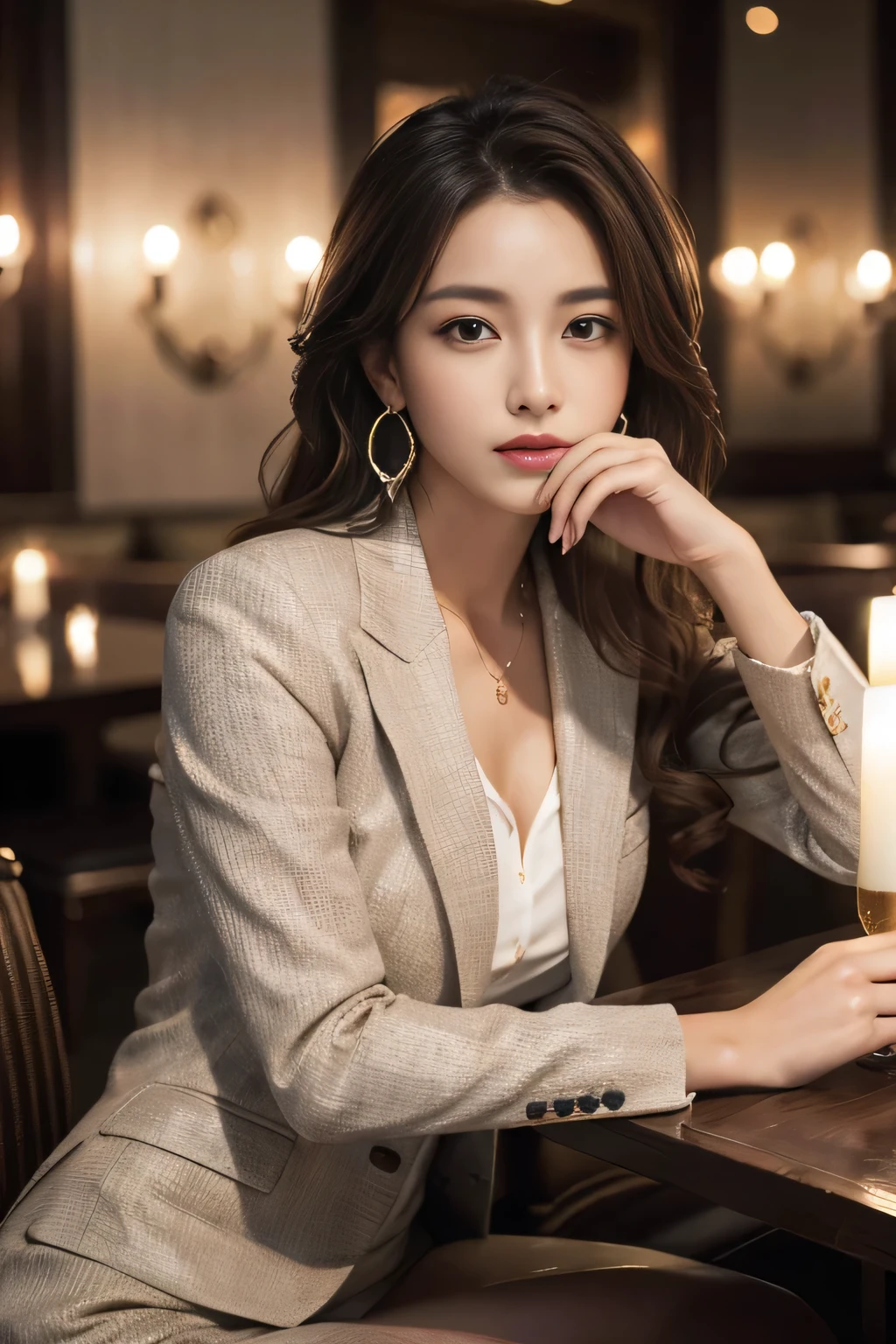 masterpiece, Highest quality, Realistic, Very detailed, Finer details, High resolution, 8k wallpaper, One beautiful woman, Wear a nice suit, Nice restaurant, At night, Light brown messy hair, Perfect dynamic composition, Beautiful and beautiful eyes、Big earrings、Sit on a chair、