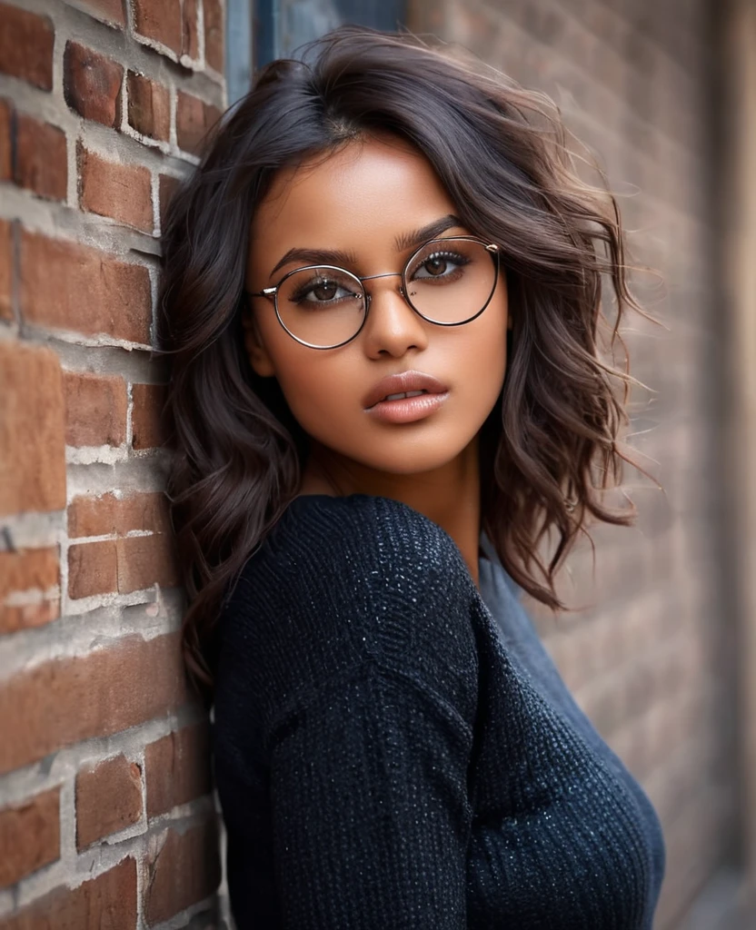 dynamic close-up of the upper part of 1 French woman, black, extremely slim and beautiful, perfect body, (well-shaped and delicate face with (piercing gaze)), black skin with highly detailed depth, she is leaning against a brick wall, ( long hair, slightly messy and shiny wavy brown hair, hair over the eyes), (detailed, large, bright eyes, light brown eyes, curled eyelashes, large glasses), (sensual pouting with mouth), wearing a short sweater showing shoulders, (she is shining with sweat), ultra realistic image, Perfect Symmetry, vibrant and sharp, dynamic vision, high quality, hyper-realistic and cinematic 32k.