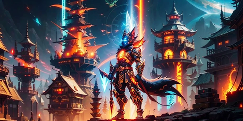 Ancient anime style, artbook, comicbook, RPG, futuristic medieval. Goblin fox warrior, dark red skin, with human face with light red glowing tribal magical tattoos, goblin base with fox features, neon details, with technological tribal armor with glowing magical markings, full body, bare feet, spear with magical markings shiny. Epic scene, wide and deep scenery, with several depth planes, stylish and dynamic pose. In the middle of a magical steampunk technological village, mixing technology and vegetation, buildings with neon details and glowing magical vegetation, magical technological airships with shiny details inspired by ships flying in the sky.