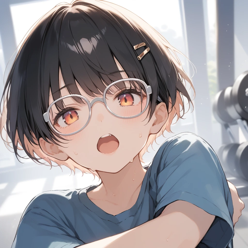 score_9, score_8_up, score_7_up, source_anime, best quality, masterpiece, official art, absurdres, highres, ultra-detailed,waifu2x,Collection: Slice of Life,break,1girl, very short hair,pixie cut, long bangs, glasses, uniform, small breasts, sweat, open mouth, (wavy mouth:0.3), indoors, gym, stretching, summer, break,(clear line illustration:1.2),very high resolution, very aesthetic, super detailed skin, Best sexual lighting powered by famous artist, 8k,cute picture,beauty illustration,photoshop_(medium),,(Detailed Lighting),best anime 8k konachan wallpaper, pixiv contest winner,