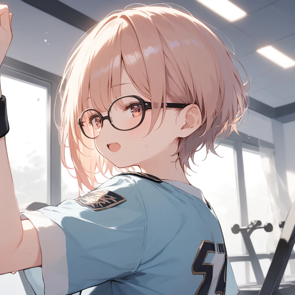 score_9, score_8_up, score_7_up, source_anime, best quality, masterpiece, official art, absurdres, highres, ultra-detailed,waifu2x,Collection: Slice of Life,break,1girl, very short hair,pixie cut, long bangs, glasses, uniform, small breasts, sweat, open mouth, (wavy mouth:0.3), indoors, gym, stretching, summer, break,(clear line illustration:1.2),very high resolution, very aesthetic, super detailed skin, Best sexual lighting powered by famous artist, 8k,cute picture,beauty illustration,photoshop_(medium),,(Detailed Lighting),best anime 8k konachan wallpaper, pixiv contest winner, 