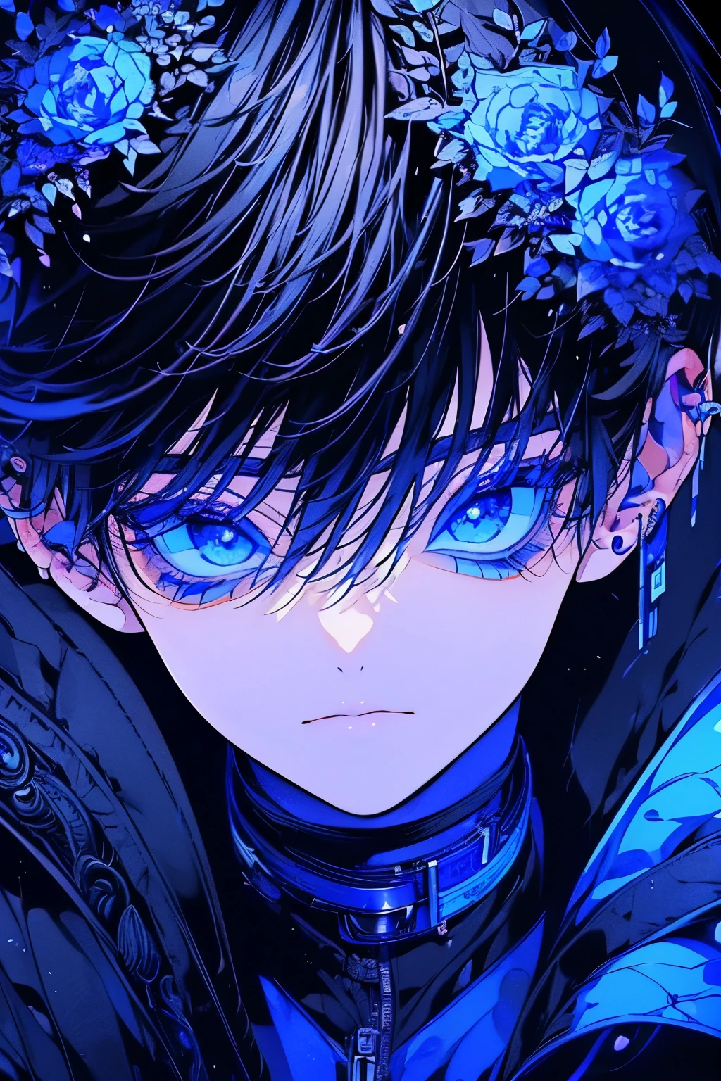 (Mastepiece), (Best Quality), Very detailed, 1 boy, Solo Shooting, Perfect Face, Beautiful Face, Very detailedな顔,(Black Hair:1.3),(short hair:1.4)、(Big eyes:1.4),(Long eyelashes:1.4)、(Blue Eyes:1.3)、Black clothes、Lots of flowers、petal