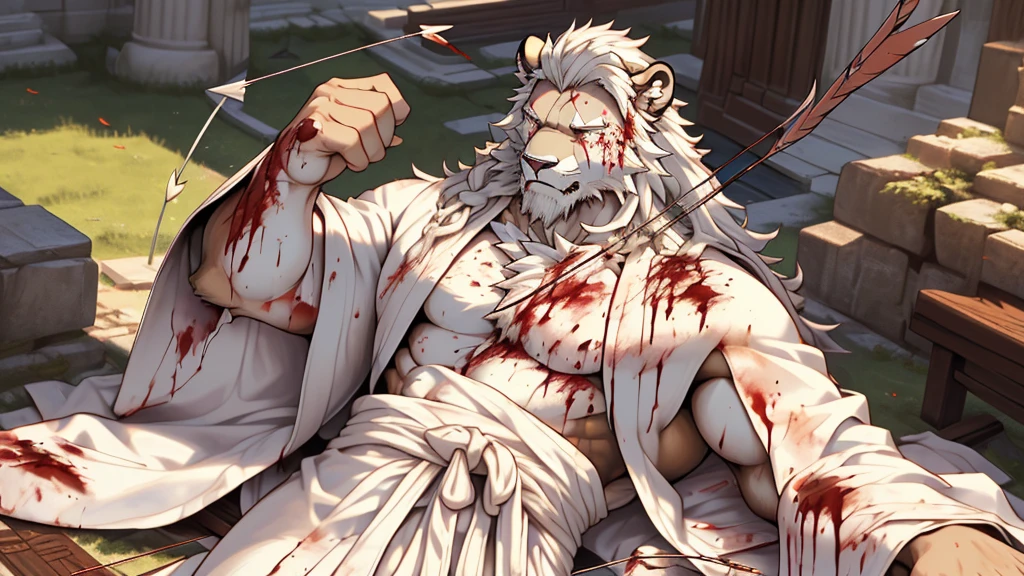 (masterpiece),(highres),(intricate details:1.4),extremely detailed,(illustration:1.2),8k,photorealistic,exquisite,solo, (Bold perspective),aged,elder male lion ,muscular, (Ancient Greek mythological style;1.8)(white robe:1.6),manhood,safeguard,(white hair:1.3),long hair,long white beard,scar,(badly damaged),(sacrifice),hurt,broken body ,(bleeding:1.9) ,(killed by his brother:1.9),(his chest was hit by an arrow:1.9)