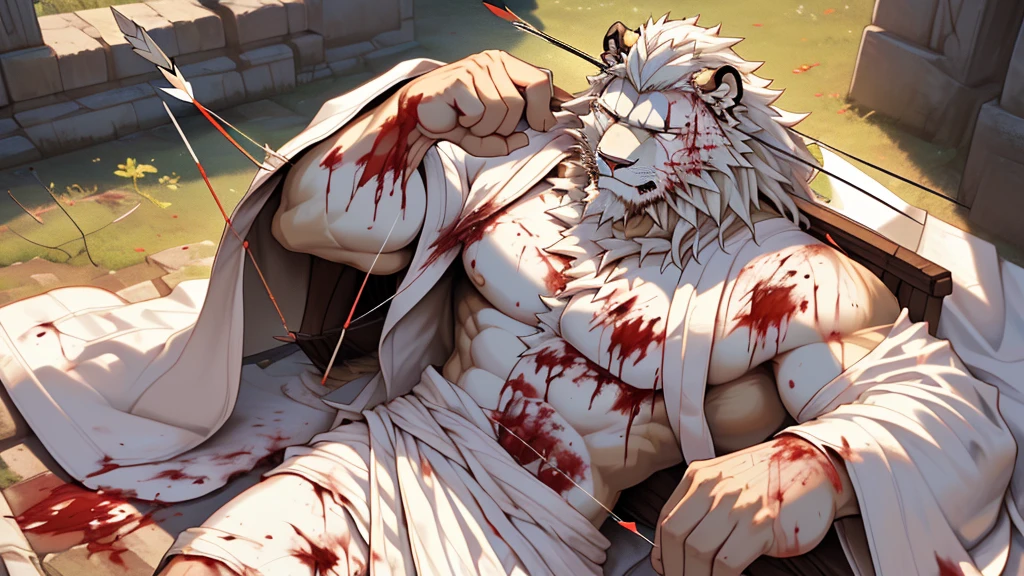 (masterpiece),(highres),(intricate details:1.4),extremely detailed,(illustration:1.2),8k,photorealistic,exquisite,solo, (Bold perspective),aged,elder male lion ,muscular, (Ancient Greek mythological style;1.8)(white robe:1.6),manhood,safeguard,(white hair:1.3),long hair,long white beard,scar,(badly damaged),(sacrifice),hurt,broken body ,(bleeding:1.9) ,(killed by his brother:1.9),(his chest was hit by an arrow:1.9)