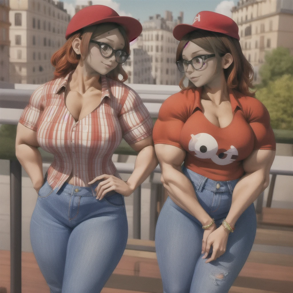 (masterpiece, best quality:1.2), A couple , boy Nino Lahiffe: Brown skin, dark hair, wearing a red cap, glasses, and casual clothing like a T-shirt and jeans, and a girl Alya Césaire: Brown skin, curly dark brown hair, often wears glasses, and typically seen in stylish, casual outfits. A casual day out with both characters in their everyday attire,Sharing a tender moment, like sitting on a rooftop overlooking Paris..(girl and boy:1), smiling, ((high resolution illustration)), ((extremely detailed)), (couple), Alya, Nino, Nino X Alya, (best quality,4k,8k,highres,masterpiece:1.2), ultra-detailed, realistic:1.37, HDR, studio lighting, extreme detail description, nino wearing a red cap, professional, vibrant colors, bokeh, ((muscular female bodybuilder)), detailed lips, strong embrace, romantic scene, intimate moment, intense passion, athletic bodies, fitness couple, gym background, muscular definition, sculpted muscles, sweat glistening, powerful kiss, muscular