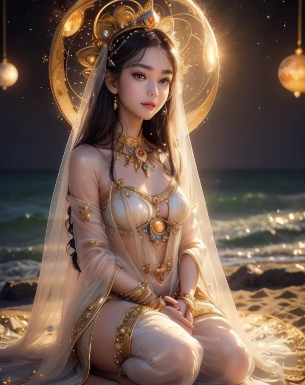 top quality、8K、32k、​Masterpiece,)beautiful woman、natural look、look away 、hair wet、Sheer long dress、Soft atmosphere、moment、No makeup、Shot from the side、the sea sparkles、night,sunset sky、Long distance shooting、Stroll along the sandy beach、a smile, she has beautiful small eyes and long natural eyelashes, she has small but little full rose lips, high quality, 8K Ultra HD, masterpiece, beautiful woman, create a whimsical moment where zoltar magical geode ball creates a big bang super nova powerful and luminous explosion of a star, quantum fluctuations, cosmic rays, gravitational waves, milky way in the style of tarot and microsoft 3D pinball space cadet, double long exposure movie still, full body.