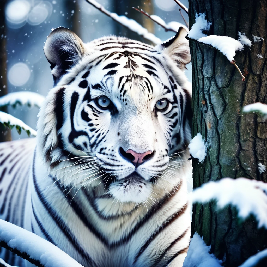 a white tiger peeping from behind a tree. serious expression. sharp gaze, authoritative. heavy snow. snowfall, light fog. Lomo effect. Bokeh effect. artistic and dramatic scene ((more detail, enhanced_cinematic-art))
