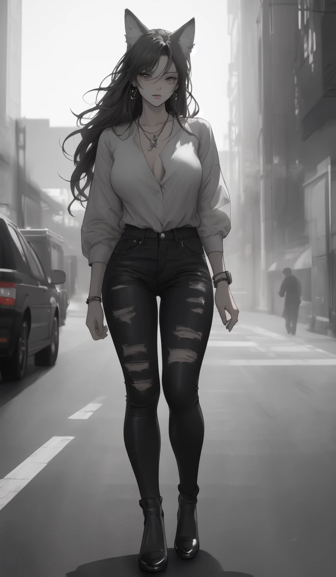 photo realism anime style Yusuke murata art with a big red wolf at his side Goddess phoenix girl chunli + Sakura perky breasts with cropped wavy hair v-cut dress v-cut ripped jeans wearing high heels walking on a dark gloomy street scared style photo realism, fully detailed drawing in black and monochrome bench and only the eyes in strong red 
