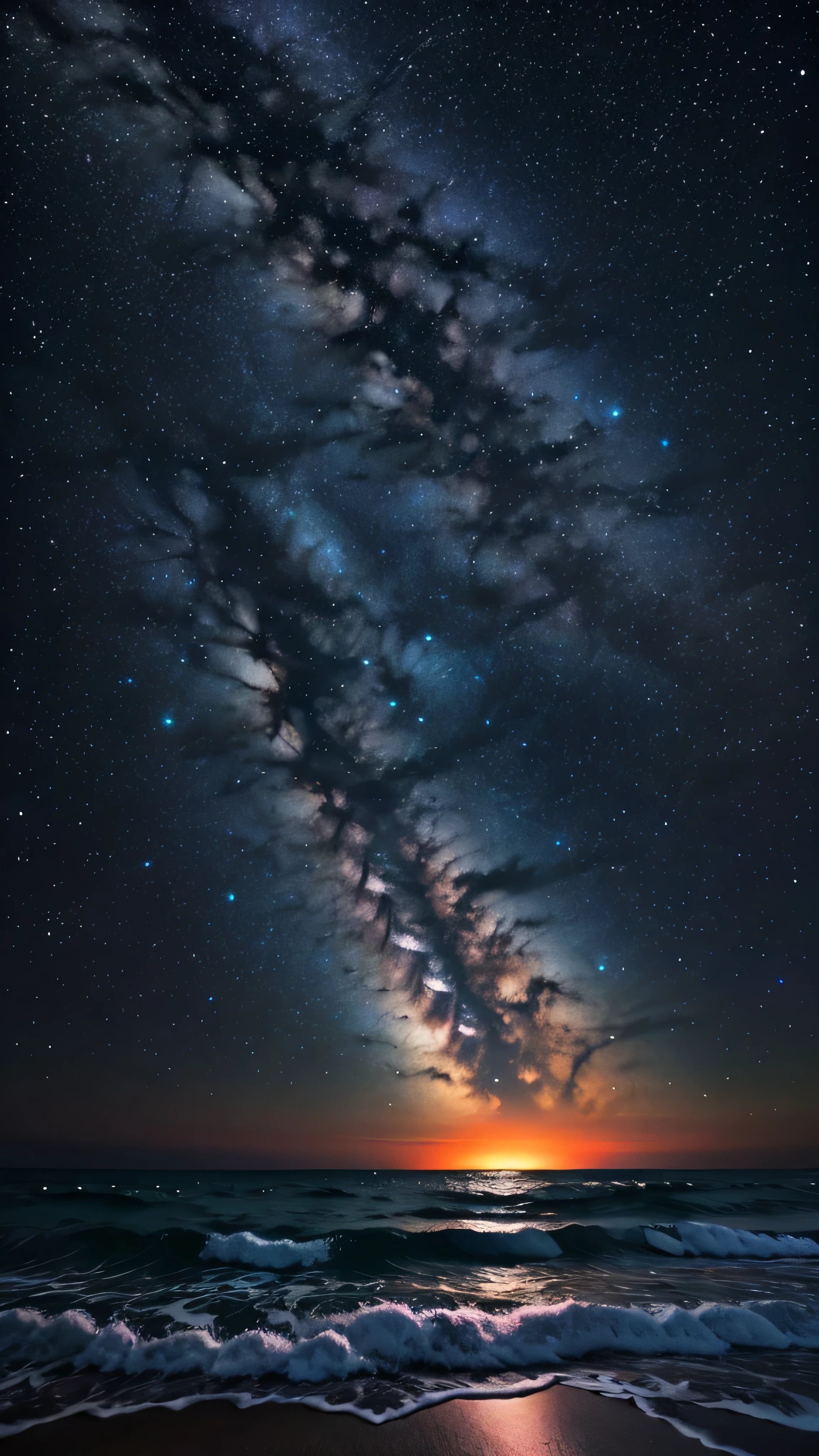 Bioluminescent stars shining in the sky, Pink half moon, Tsukoi Sky, Soft cotton cloud, Turkish sea waves, Shiny, Purple Water, milky way, Complementary lighting