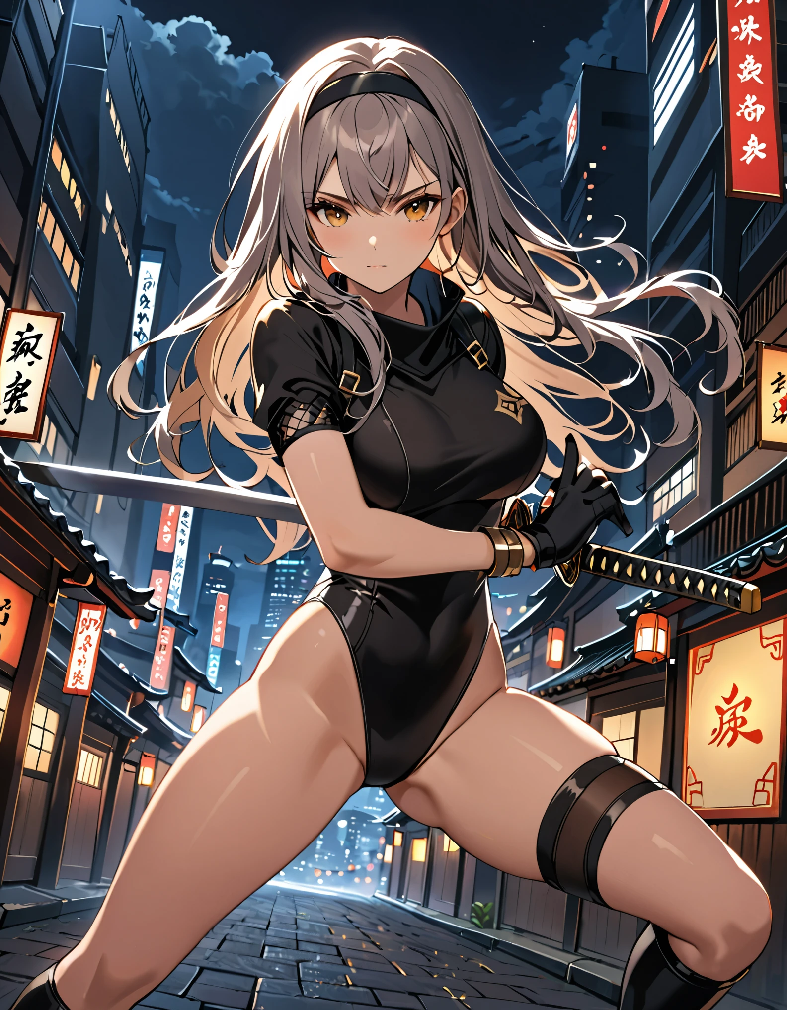 masterpiece, best quality, 1girl, grey hair, shoulder length hair, wavy hair, black hairband, auburn eyes, beautiful detailed eyes, beautiful detailed face, cute face, stoic, professional, ninja, black leotard, black tactical gloves, bare legs, gold bracelets, black thigh-high boots, using katana blade, scabbard, cityscape, night, noir atmosphere.