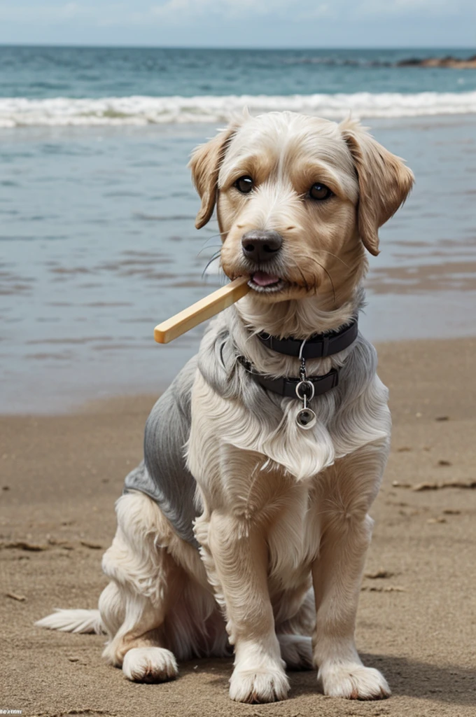 pixar. beige and gray yorkshire dog. With blindness in the eyes, sitting looking at the beach licking a popsicle