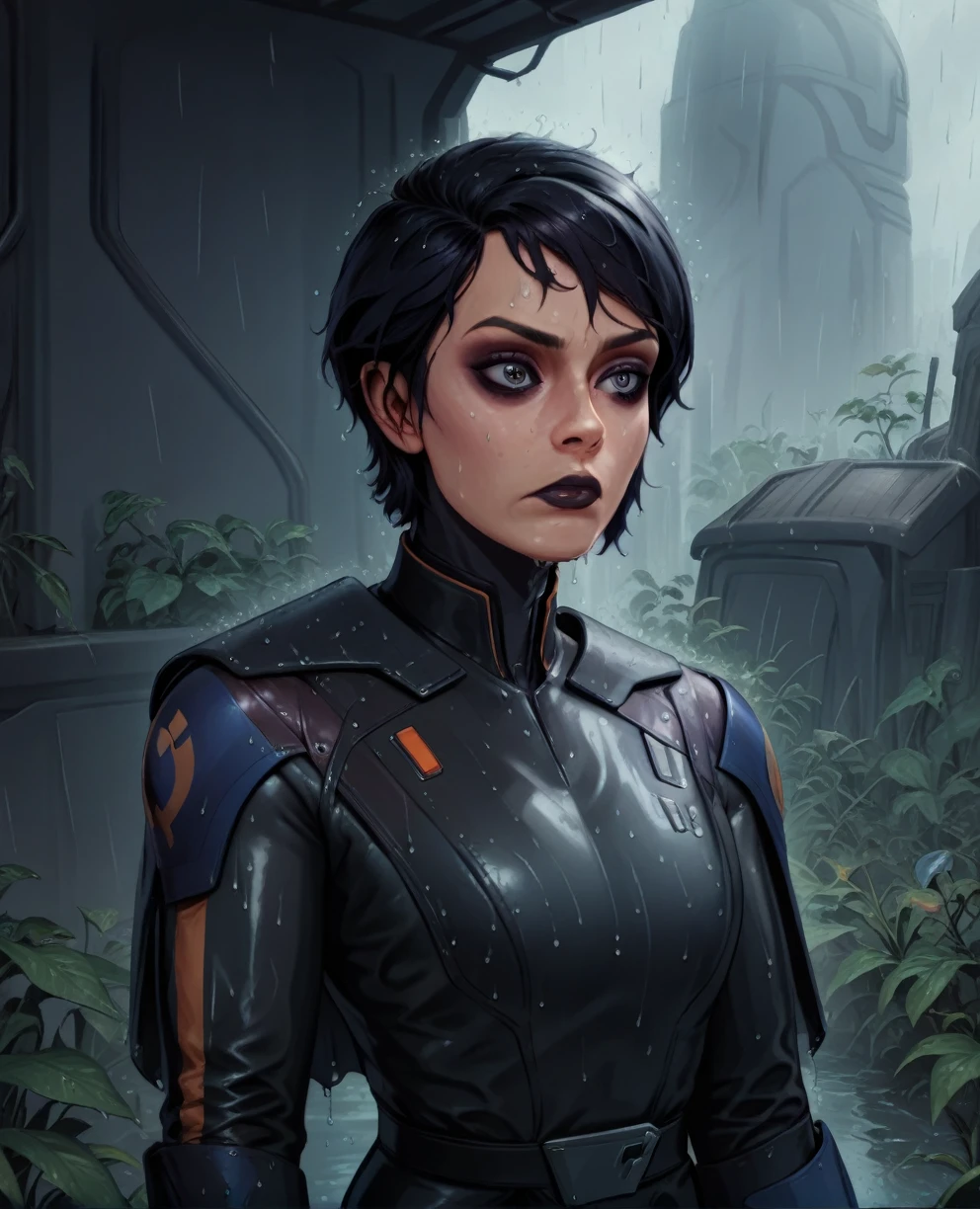 score_9,score_8_up,score_7_up,score_6_up, sabine wren ,,black hair, upper body, wet, armor,gloves,black bodysuit,black cape,belt,rain, science fiction,sith base, star wars, outdoors, rain, solo,fflixbag wearing armor sabine wren
