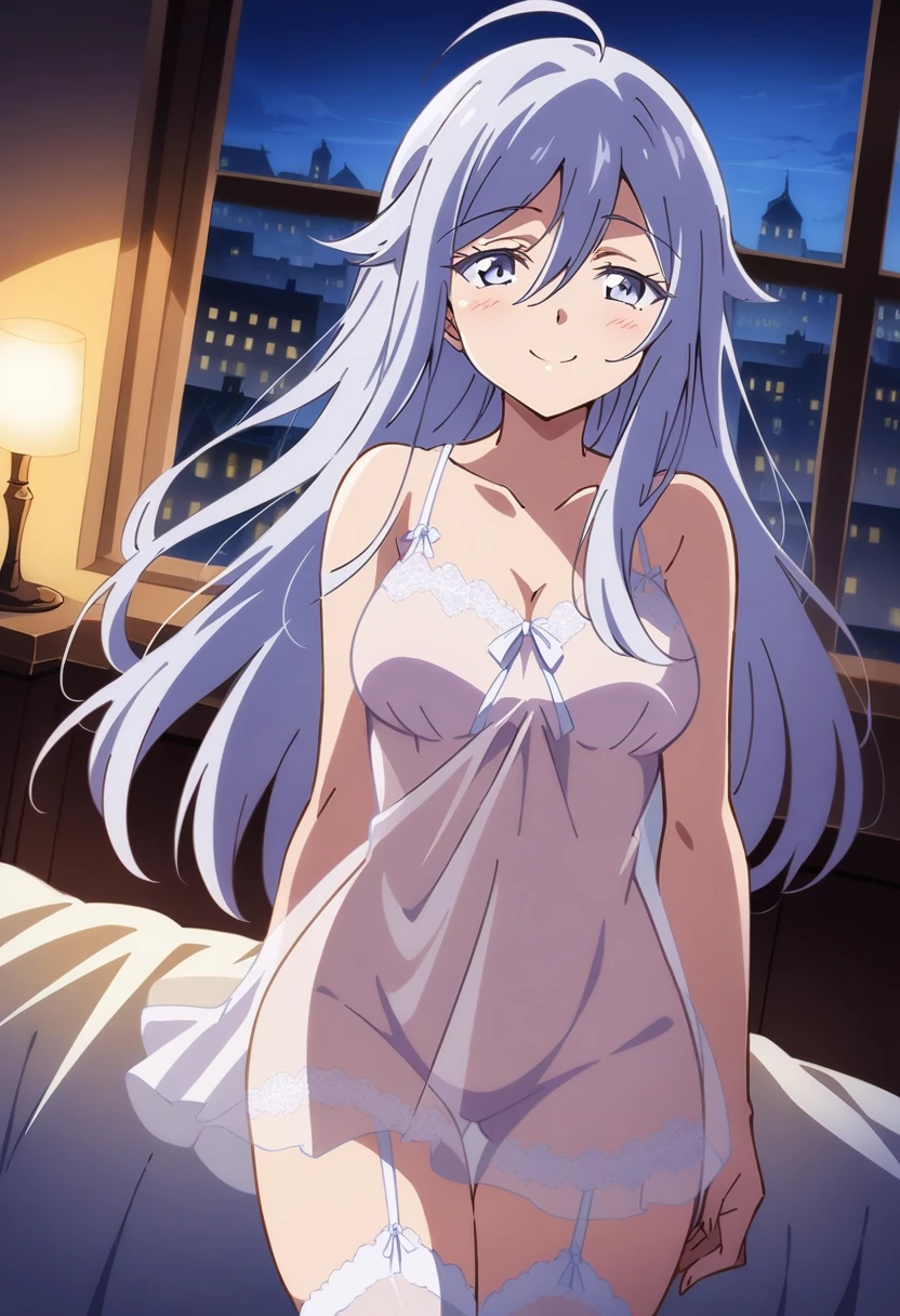 anime art style, 2d, masterpiece, best quality, very aesthetic, absurdres, dynamic shadows, atmosferic, vladilena_millize, (1girl), ((silver hair)), long hair, (silver eyes), narrowed eyes, detailed eyes, ahoge, hair between eyes, bangs, medium breasts, smile, nightgown, see-through, garter straps, ((cowboy shot)), standing, ((from front)), indoors, bed, window, city, french city, walls, cell-lights, looking at viewer