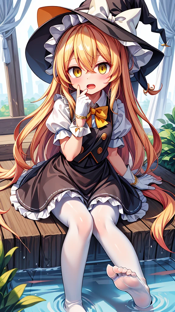 (masterpiece),(best quality),illustration,ultra detailed,hdr,Depth of field,(colorful),[iumu],[Sheya],[Artist chen bin], 1girl, hat, witch hat, kirisame marisa, blonde hair, solo, no shoes, feet, fingerless gloves, gloves, soles, pantyhose, long hair, white pantyhose, toes, black gloves, looking at viewer, short sleeves, black headwear, hair between eyes, foot focus, sitting, yellow eyes, puffy short sleeves, hat bow, blush, puffy sleeves, bow, black vest, open mouth, frills, shirt, white shirt, hands up, ribbon, vest, white bow