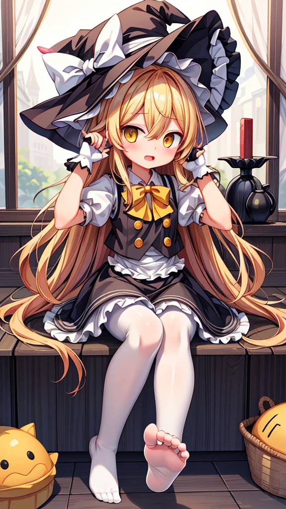 (masterpiece),(best quality),illustration,ultra detailed,hdr,Depth of field,(colorful),[iumu],[Sheya],[Artist chen bin], 1girl, hat, witch hat, kirisame marisa, blonde hair, solo, no shoes, feet, fingerless gloves, gloves, soles, pantyhose, long hair, white pantyhose, toes, black gloves, looking at viewer, short sleeves, black headwear, hair between eyes, foot focus, sitting, yellow eyes, puffy short sleeves, hat bow, blush, puffy sleeves, bow, black vest, open mouth, frills, shirt, white shirt, hands up, ribbon, vest, white bow