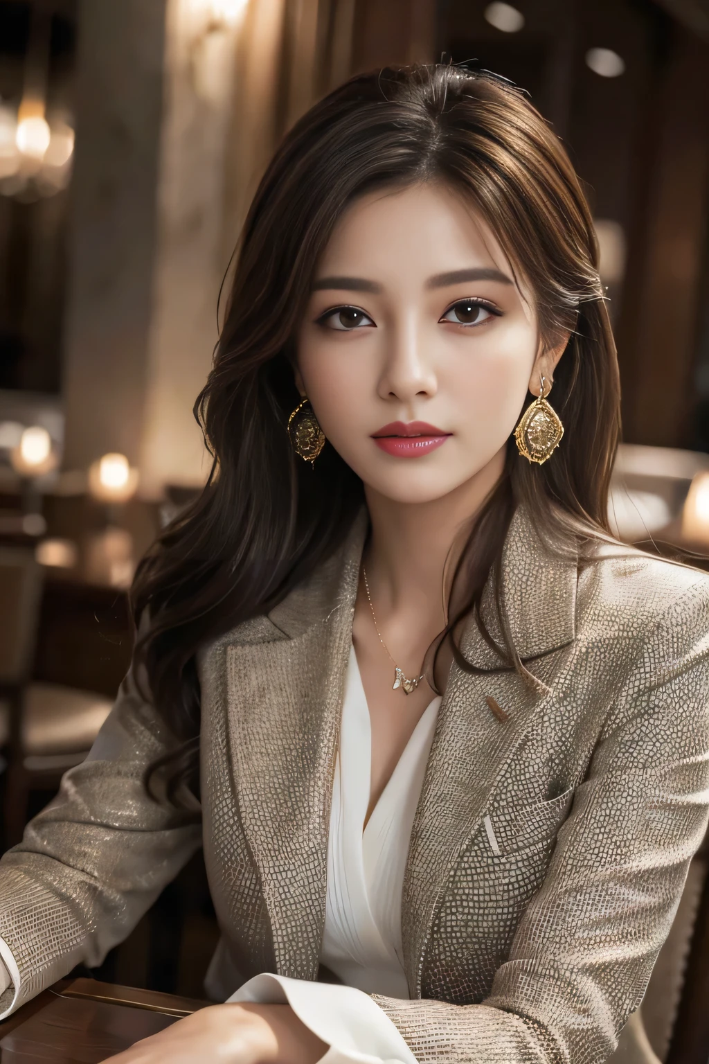 masterpiece, Highest quality, Realistic, Very detailed, Finer details, High resolution, 8k wallpaper, One beautiful woman, Wear a nice suit, Nice restaurant, At night, Light brown messy hair, Perfect dynamic composition, Beautiful and beautiful eyes、Big earrings、Sit on a chair、