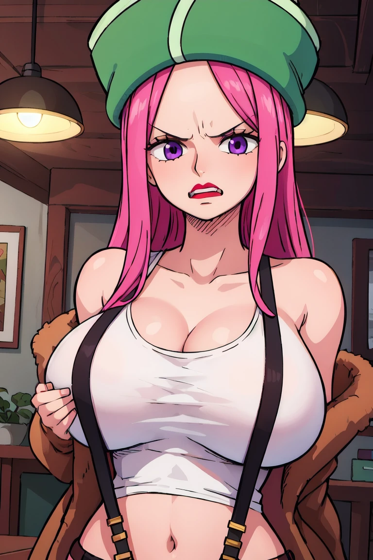 HDR, CG, sharp focus,(8k), (4k), (Masterpiece), (Best Quality), fantasy, extremely detailed, intricate, hyper detailed, (perfect face), illustration,soft lighting, highres, absurdres,best quality, jewelry bonney, lipstick, purple eyes, pink hair, long hair, green hat, white tank top, suspenders, brown jacket, striped shorts, straight hair, indoors, room, navel, big breasts, upper body, , breasts out, grab breasts, grabbing breasts, bouncing breasts, angry