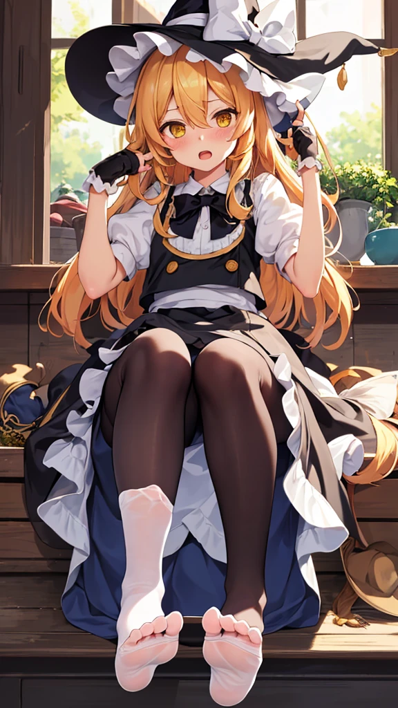 (masterpiece),(best quality),illustration,ultra detailed,hdr,Depth of field,(colorful),[iumu],[Sheya],[Artist chen bin], 1girl, hat, witch hat, kirisame marisa, blonde hair, solo, no shoes, feet, fingerless gloves, gloves, soles, pantyhose, long hair, white pantyhose, toes, black gloves, looking at viewer, short sleeves, black headwear, hair between eyes, foot focus, sitting, yellow eyes, puffy short sleeves, hat bow, blush, puffy sleeves, bow, black vest, open mouth, frills, shirt, white shirt, hands up, ribbon, vest, white bow
