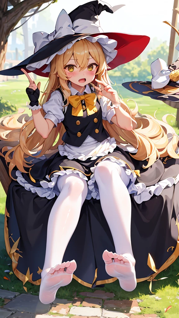 (masterpiece),(best quality),illustration,ultra detailed,hdr,Depth of field,(colorful),[iumu],[Sheya],[Artist chen bin], 1girl, hat, witch hat, kirisame marisa, blonde hair, solo, no shoes, feet, fingerless gloves, gloves, soles, pantyhose, long hair, white pantyhose, toes, black gloves, looking at viewer, short sleeves, black headwear, hair between eyes, foot focus, sitting, yellow eyes, puffy short sleeves, hat bow, blush, puffy sleeves, bow, black vest, open mouth, frills, shirt, white shirt, hands up, ribbon, vest, white bow