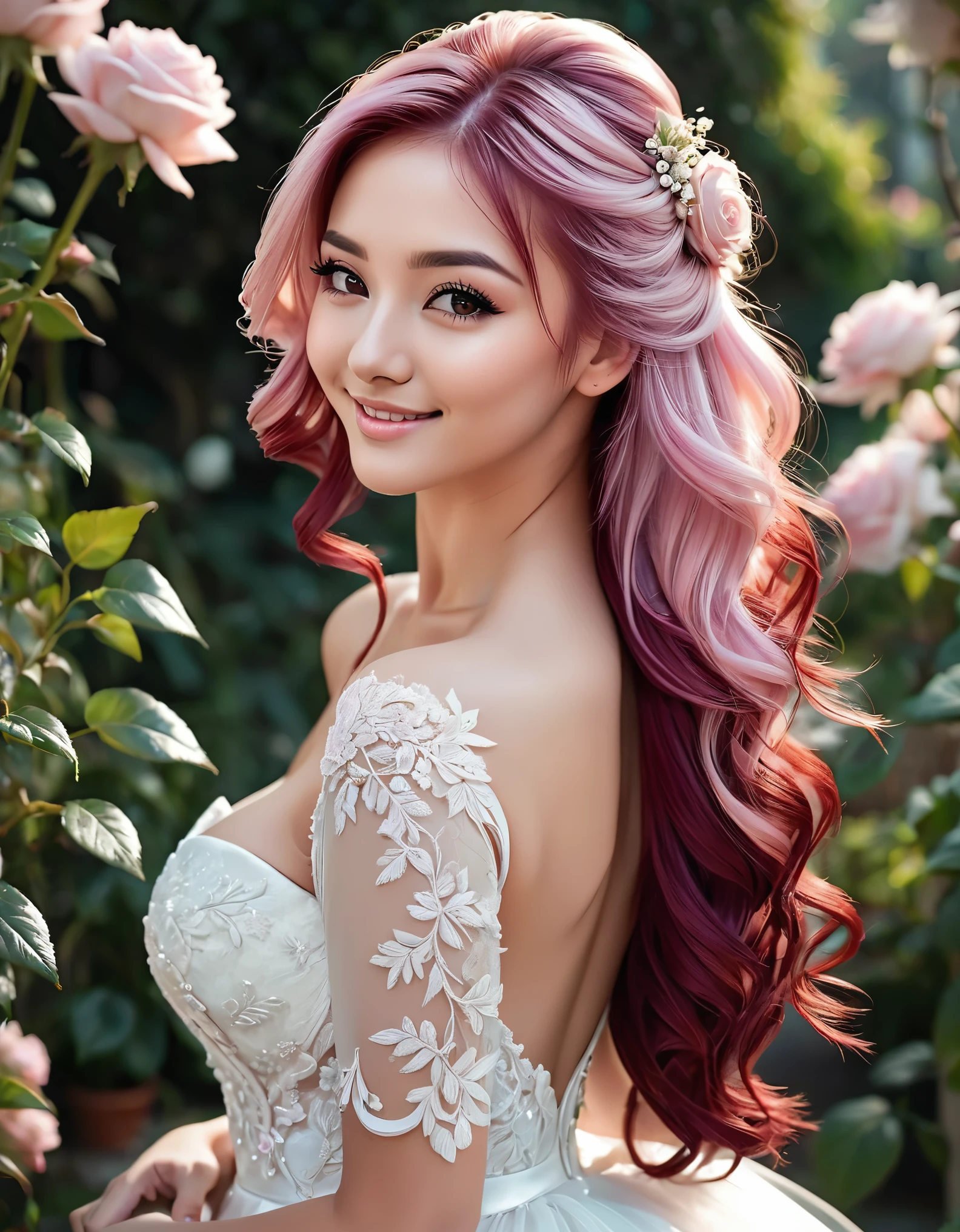 (masterpiece, best quality, beautiful and aesthetic:1.3), side view, ****ung lady, Happy, light smile, (light pink hair streaked Claret hair:1.6), Absurdly long hair, half updo half up half down, wavy end, shiny hair, Flowing hair, (glowing purple eyes), Exquisite eyes, Aqua eyes, Super high detail eyes, long upper eyelashes, cosmetic, focus on face, Very rich facial details, Pretty Face, Perfect breasts, Hot body, (The skin texture is delicate:1.2), white Wedding dress, Lace-trimmed dress, transparent, Wedding dress, outdoor, White Rose, garden, morning, Everlasting, Very detailed, 