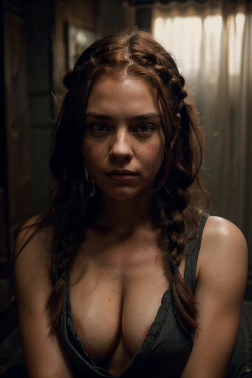 a teenage girl with red braided hair, cleavage, hillbilly, detailed face and eyes, intricate hair, dramatic lighting, moody atmosphere, cinematic composition, muted color palette, grunge, gritty, realistic, photorealistic, best quality, 8k, highres, masterpiece