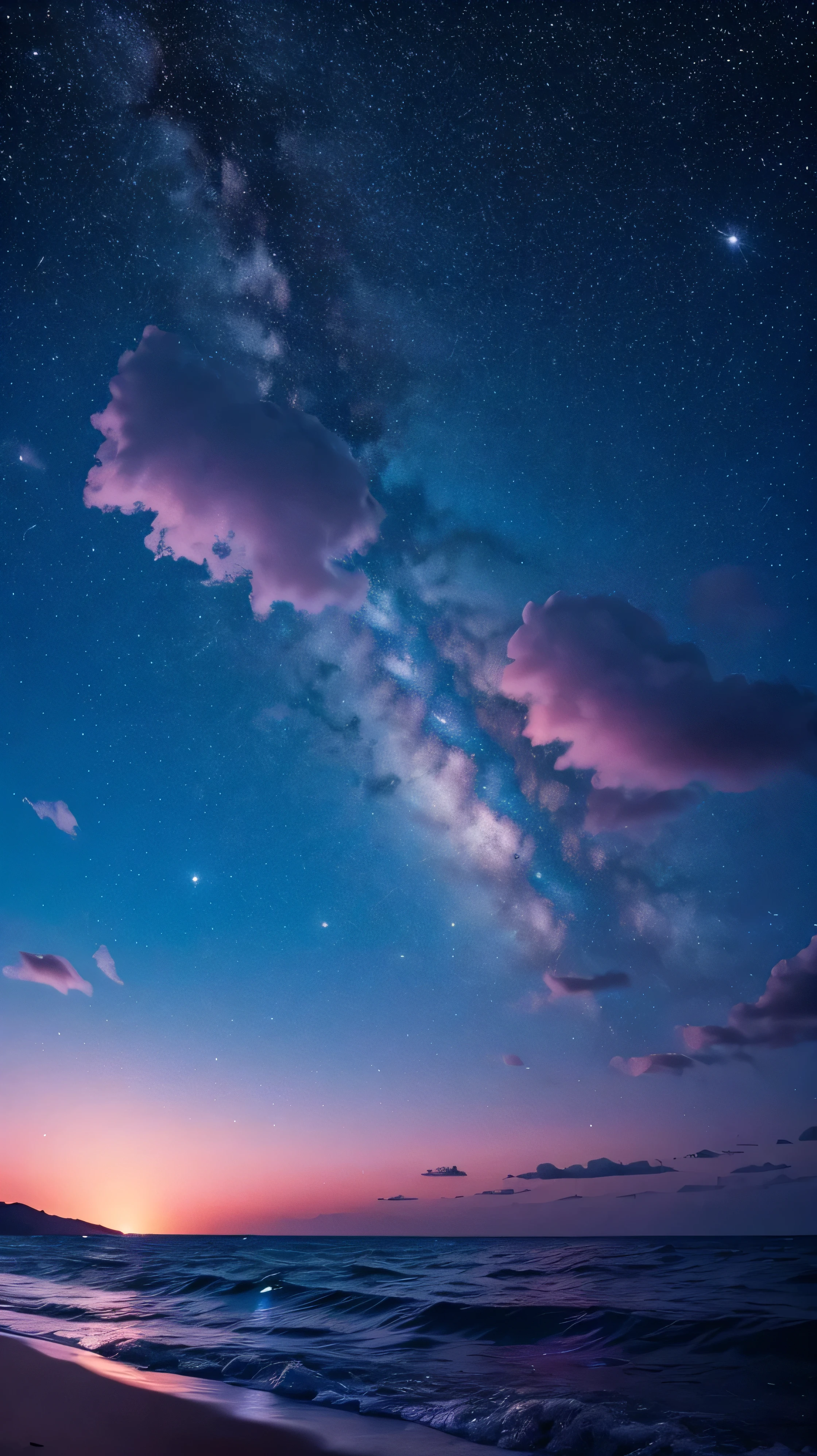 Bioluminescent stars shining in the sky, Pink half moon, Tsukoi Sky, Soft cotton cloud, Turkish sea waves, Shiny, Purple Water, milky way, Complementary lighting