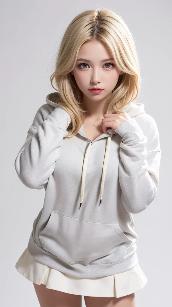 (((forehead、White Blonde Hair、Northern Europe、White people、beautiful girl、Blonde、White background、open hoodie、mini skirt )))、table top, highest quality, figure, super detailed, finely, High resolution, 8k wallpaper, Perfect dynamic composition, detailed and beautiful eyes, Deco out,bionde, medium hair, big breasts, Natural color lip,white background, random cute poses,frill dress