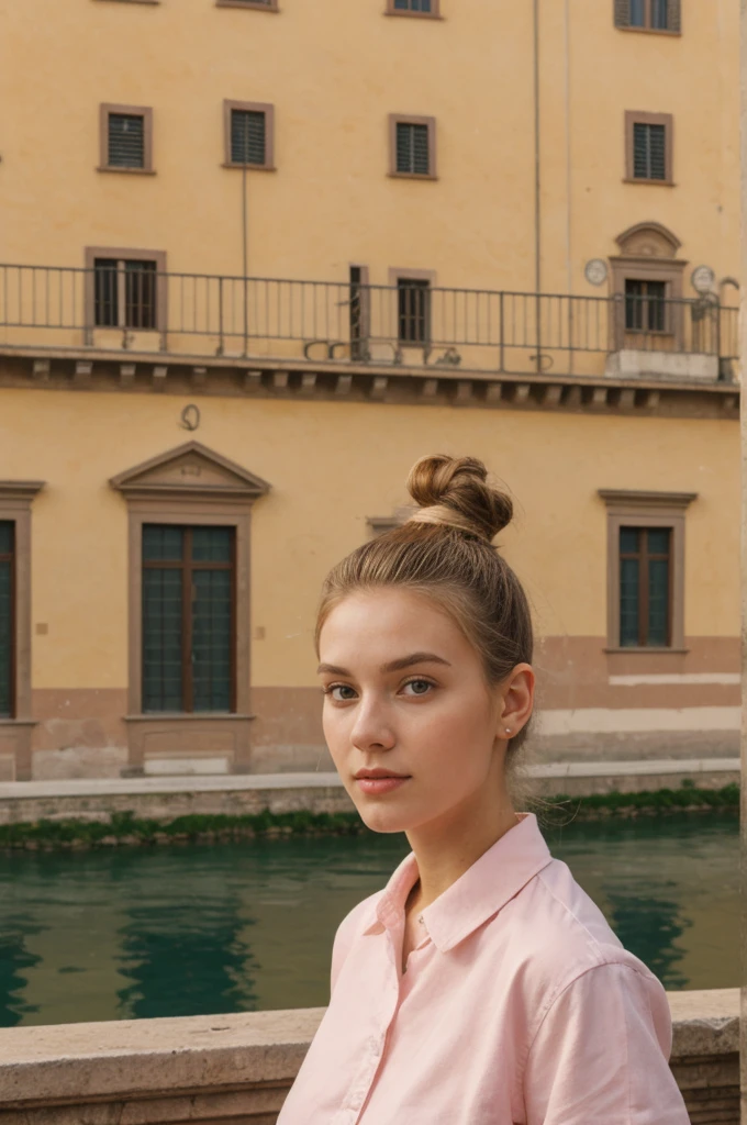 her name is An, high quality, 1girl, ((20-year-old fit Caucasian woman)), ((20 years old)), ((fit)), ((hair in a bun)), pose: standing, wearing unique pastel colored gen Z modern wear, BACKGROUND: Lived in the art-filled city of Florence, surrounded by Renaissance masterpieces, historic piazzas, and scenic river views.