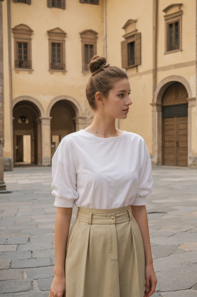 her name is An, high quality, 1girl, ((20-year-old fit Caucasian woman)), ((20 years old)), ((fit)), ((hair in a bun)), pose: standing, wearing unique pastel colored gen Z modern wear, BACKGROUND: Lived in the art-filled city of Florence, surrounded by Renaissance masterpieces, historic piazzas, and scenic river views.