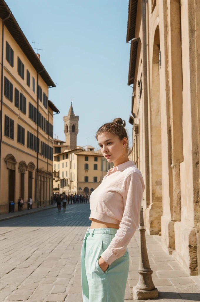 her name is An, high quality, 1girl, ((20-year-old fit Caucasian woman)), ((20 years old)), ((fit)), ((hair in a bun)), pose: standing, wearing unique pastel colored gen Z modern wear, BACKGROUND: Lived in the art-filled city of Florence, surrounded by Renaissance masterpieces, historic piazzas, and scenic river views.