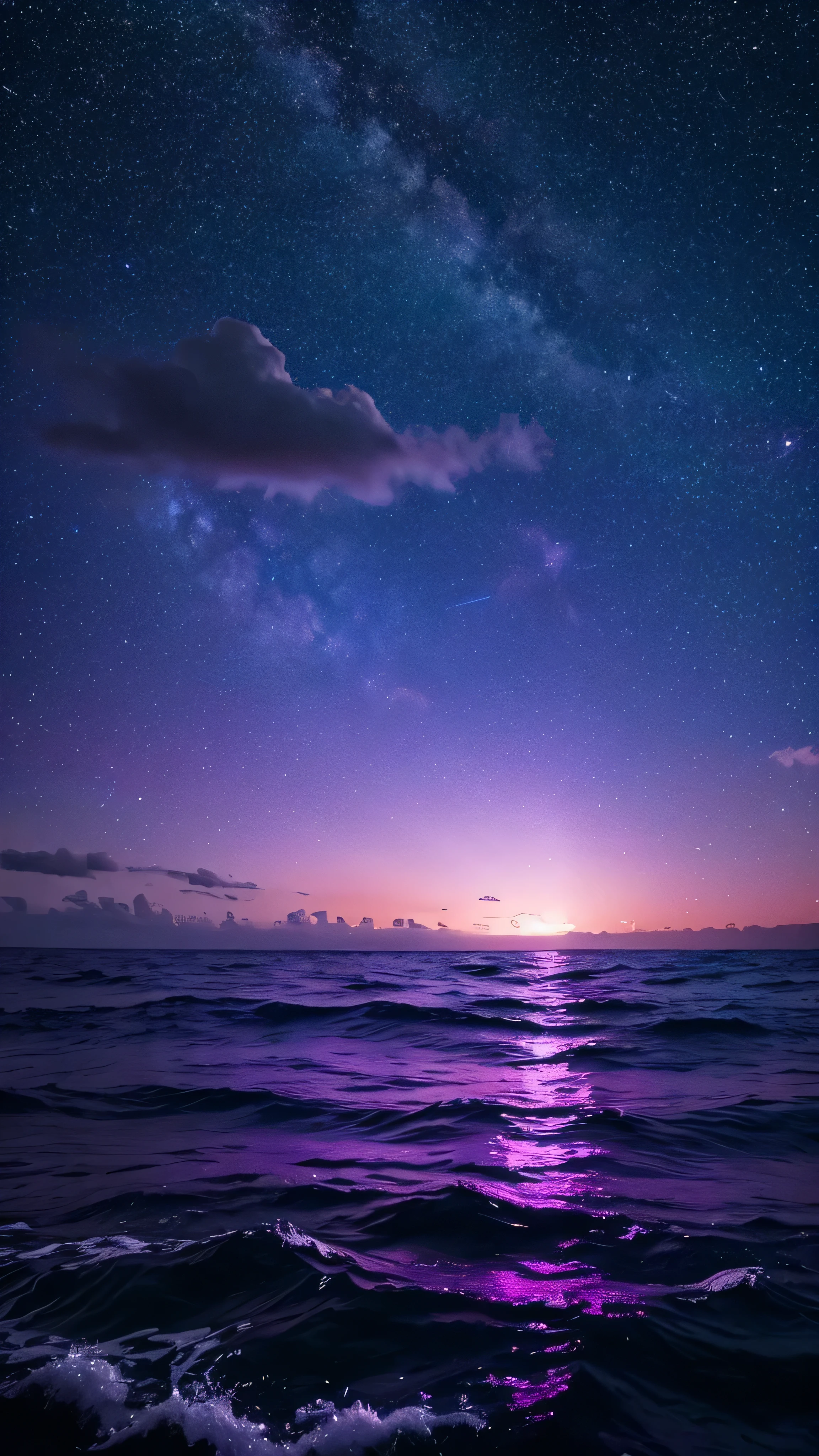 Bioluminescent stars shining in the sky, Pink half moon, Tsukoi Sky, Soft cotton cloud, Turkish sea waves, Shiny, Purple Water, milky way, Complementary lighting