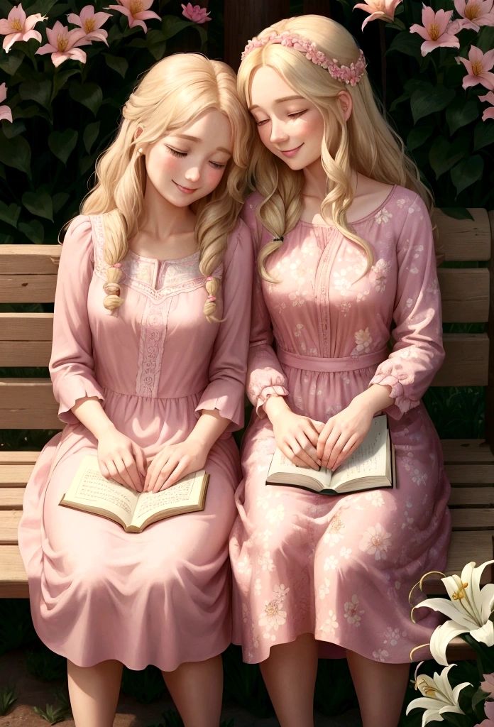 Lily's beautiful mother, Anna, joins her on the bench. Anna has long, wavy blond hair and wears a pink dress with a floral pattern. She looks lovingly at Lily, who glances up from her book with a smile. The bond between them is evident as they share a moment of quiet joy.