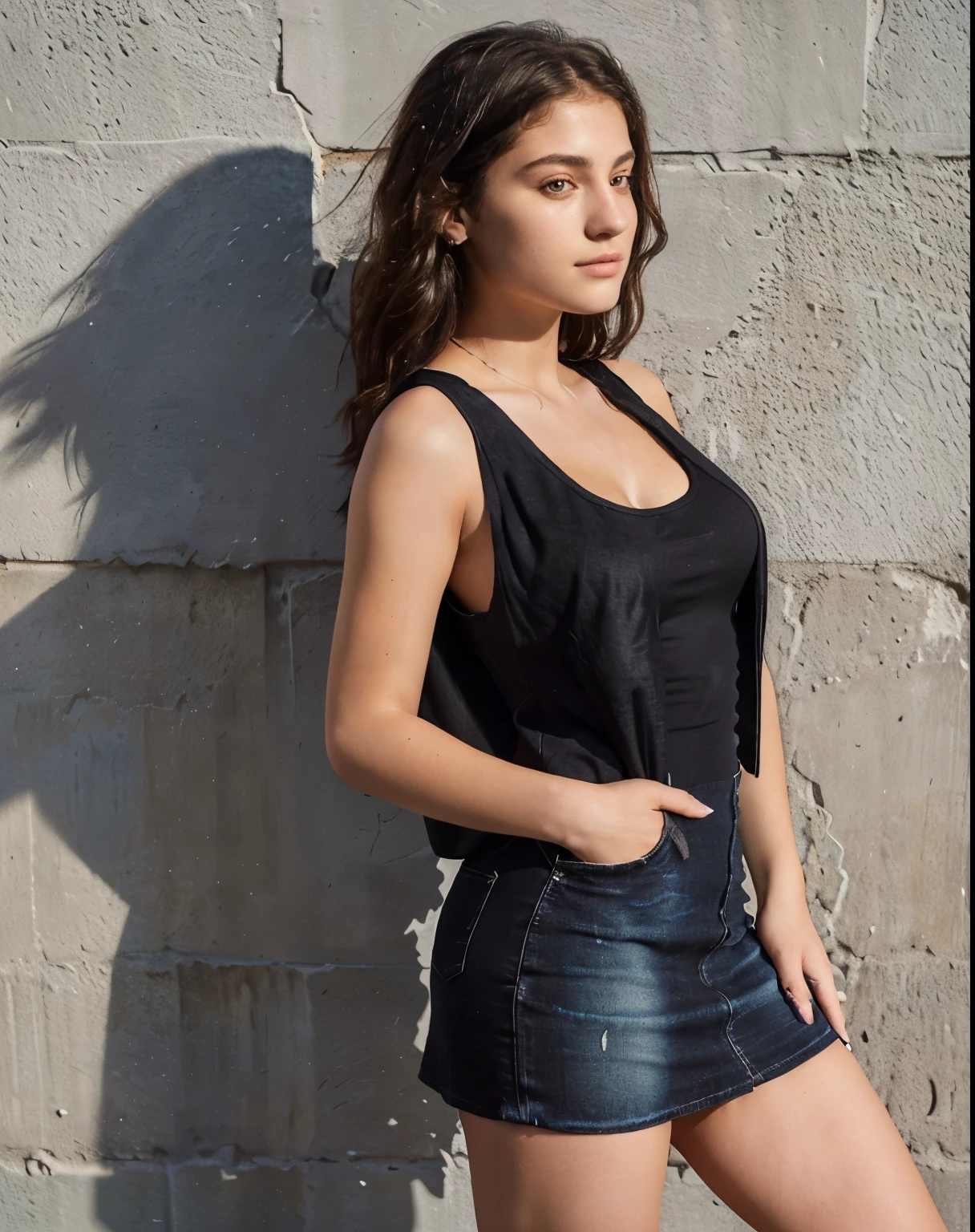 Arafed woman wearing a short black dress and a denim vest posing for a photo, she is approximately 1 , pose casual, Violet Myers, she is about 20 years old, she is about 2 0 years old, profile picture, she is wearing a black tank top, Shot from the side, illuminated from one side, 18 years, tight suit