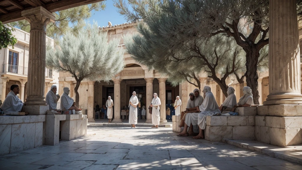 (Best quality, masterpiece), A sunny, bustling agora in ancient Greece, filled with baroque white marble statues and columns. In the foreground, a group of bearded philosophers wearing white togas are engaged in an animated debate. Their expressive gestures and thoughtful faces convey deep contemplation and intellectual rigor. The atmosphere is lively and vibrant, with townspeople milling about, market stalls in the background, and olive trees casting gentle shadows. The sun is shining brightly, creating a warm and inviting scene.