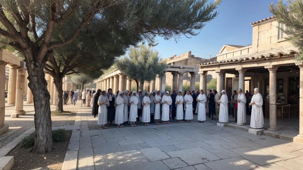 (Best quality, masterpiece), A sunny, bustling agora in ancient Greece, filled with baroque white marble statues and columns. In the foreground, a group of bearded philosophers wearing white togas are engaged in an animated debate. Their expressive gestures and thoughtful faces convey deep contemplation and intellectual rigor. The atmosphere is lively and vibrant, with townspeople milling about, market stalls in the background, and olive trees casting gentle shadows. The sun is shining brightly, creating a warm and inviting scene.