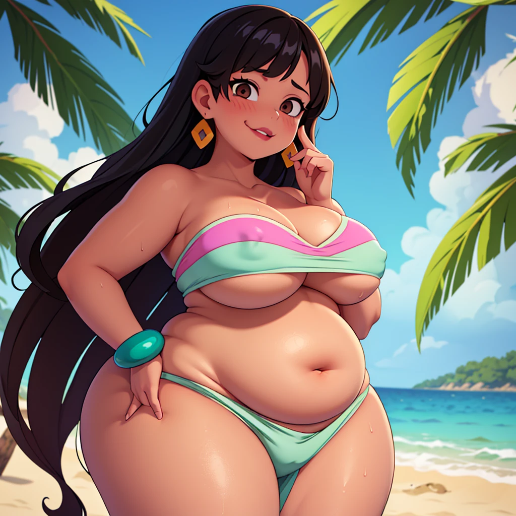 (work of art:1.2, best qualityer:1.2, dark ambient:1.1), SSBBW, Giant breasts, thunder thighs, soft, 1 girl, standing alone, Chel, black hair, long hair, hombus stripe, brown EYES, darkskin, lipstick, breasts big, Broad Hips, top of the tube, bared shoulders, emerald earrings, looking at the camera with a smug expression on his face, beach background, very large body, fat belly rolls, big breasts, sexy smile, fat arms, thunder thighs, super fat, looking at viewer, wet clothes, sweating very hard, sexy looking, blob, night beach, céu estrelado, night, very dark ambient, pov, sexy ambient, small girl, SUPER VERY VERY OBESE, LARGE GIRL, SHE GETS VERY HORNY,