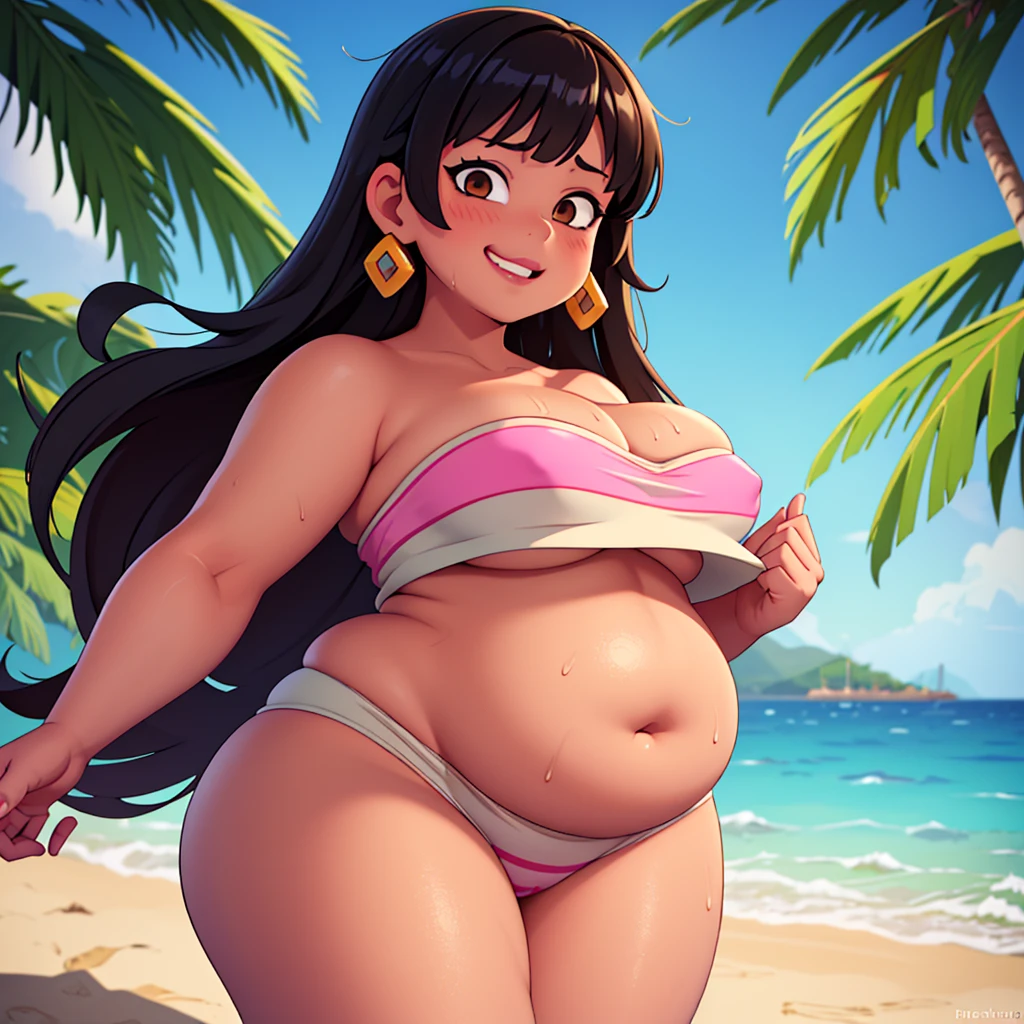 (work of art:1.2, best qualityer:1.2, dark ambient:1.1), SSBBW, Giant breasts, thunder thighs, soft, 1 girl, standing alone, Chel, black hair, long hair, hombus stripe, brown EYES, darkskin, lipstick, breasts big, Broad Hips, top of the tube, bared shoulders, emerald earrings, looking at the camera with a smug expression on his face, beach background, very large body, fat belly rolls, big breasts, sexy smile, fat arms, thunder thighs, super fat, looking at viewer, wet clothes, sweating very hard, sexy looking, blob, night beach, céu estrelado, night, very dark ambient, pov, sexy ambient, small girl, SUPER VERY VERY OBESE, LARGE GIRL, SHE GETS VERY HORNY,