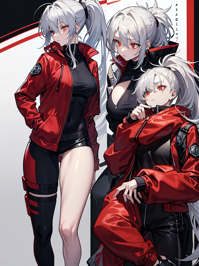 Tall, slim, She has long grey hair tied back in an enormous, messy ponytail that reaches down to her thighs, some of her hair is covering one of her eyes, she wears a red jacket over a black full-body suit, golden eyes