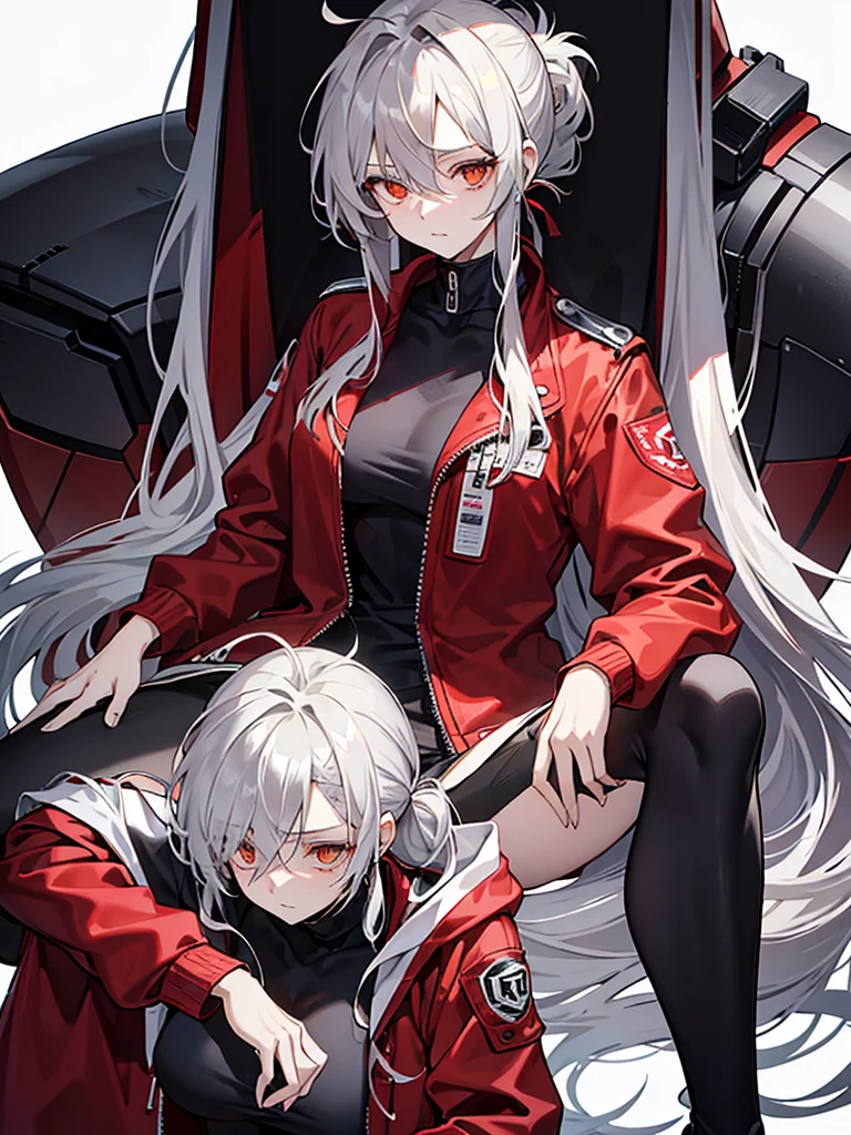 Tall, slim, She has long grey hair tied back in an enormous, messy ponytail that reaches down to her thighs, some of her hair is covering one of her eyes, she wears a red jacket over a black full-body suit, golden eyes
