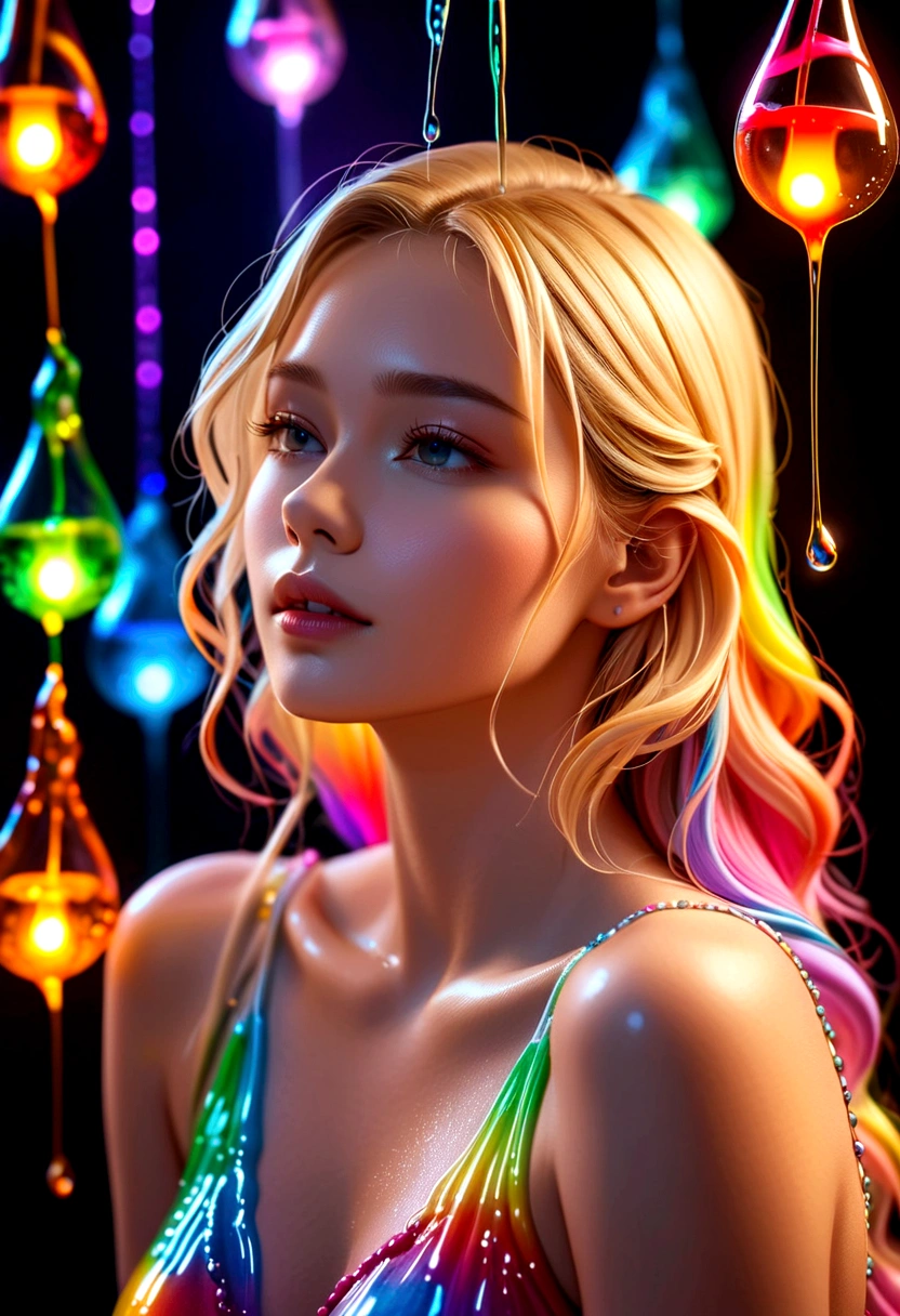 beautiful blonde woman, Liquid wax melts and drips on the body ,Rainbow Colors, Bright Lights, Atmospheric lighting, Dreamy, magic,