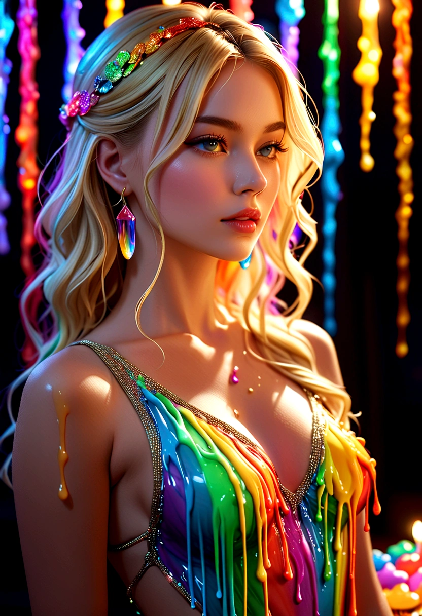 beautiful blonde woman, Liquid wax melts and drips on the body ,Rainbow Colors, Bright Lights, Atmospheric lighting, Dreamy, magic,