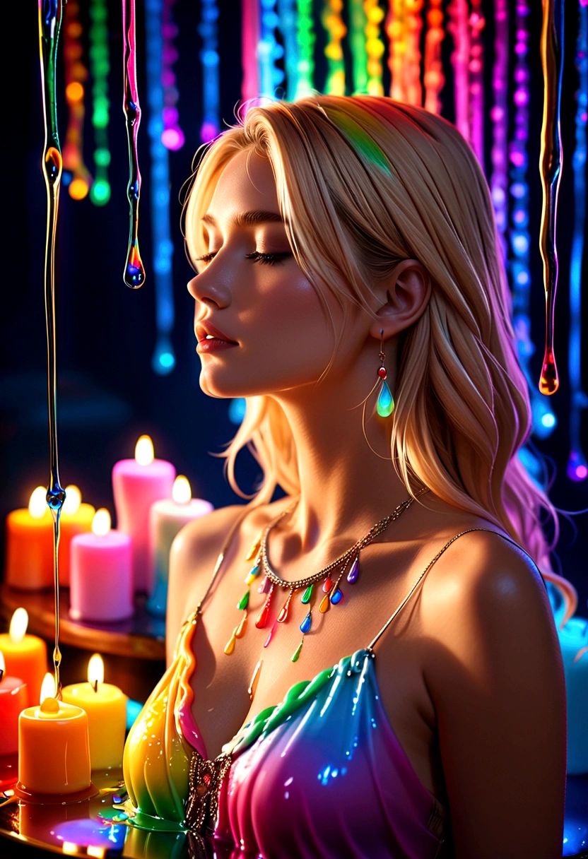 beautiful blonde woman, Liquid wax melts and drips on the body ,Rainbow Colors, Bright Lights, Atmospheric lighting, Dreamy, magic,