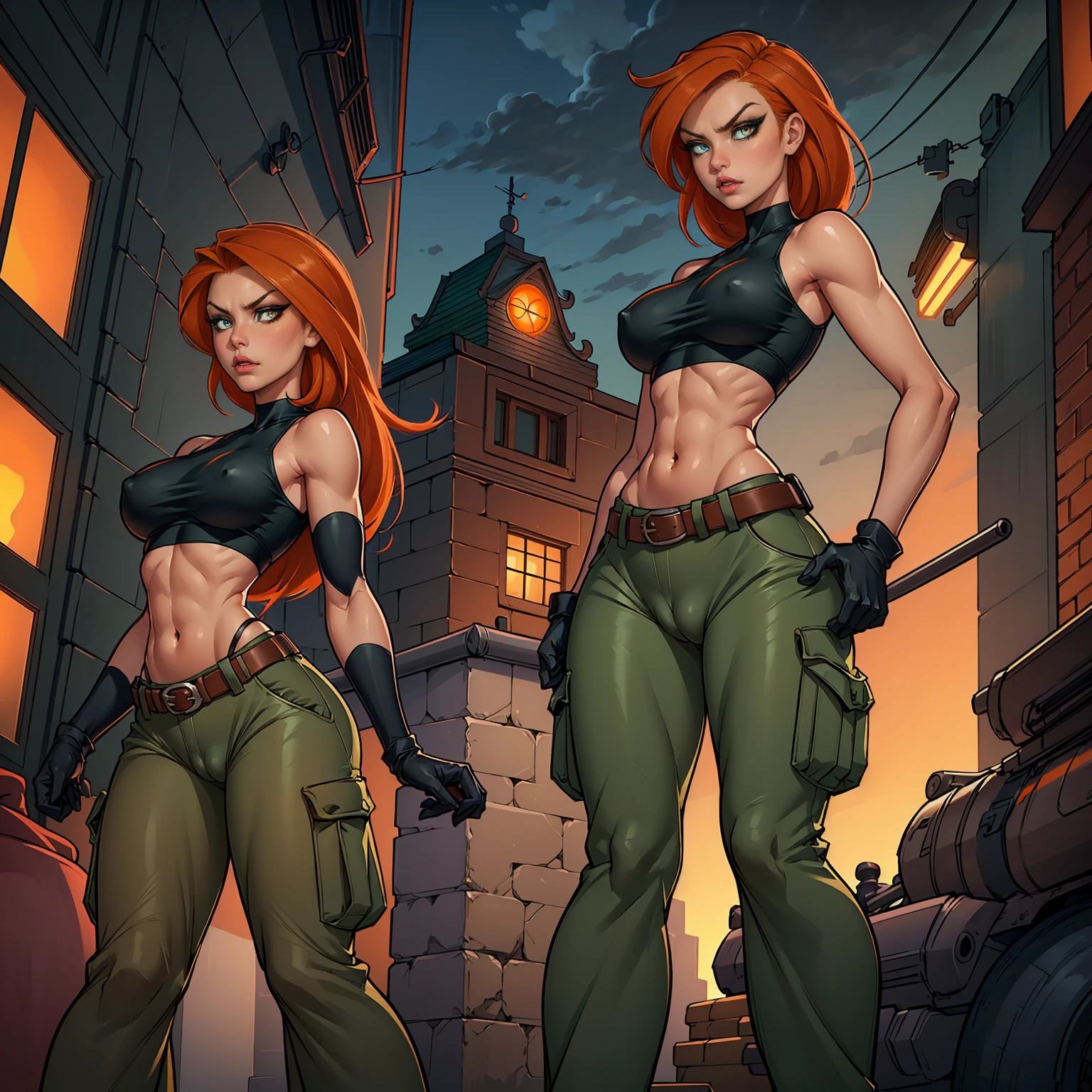 Kim Possible, ((long Orange-red hair, glowing green eyes, lipstick, eyeliner, makeup, narrow waist, skinny, medium breasts, alone)), pelvic curtain, ((black crop top, black gloves, brown belt, green cargo pants)), full body, perfect body, (insanely detailed, beautiful detailed face, masterpiece, best quality) , (((solo))), (((1girl))), (((mature))), (extremely detailed 8k paper CG wall unit: 1.1), (street, city, dusk), (serious face for the viewer), cameltoe view, from below, 