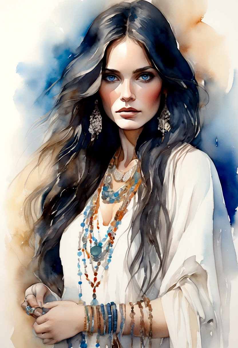 A captivating watercolor portrait of a bohemian woman with long dark hair, piercing blue eyes, her intense gaze directly meeting the viewer's eye. She dons a flowing white linen dress, accentuated by a collection of elegant and shimmering boho bracelets adorning her wrist. The background is a soft, neutral hue, creating a striking contrast that highlights her bold and confident presence, exuding both strength and allure., poster, painting, fashion