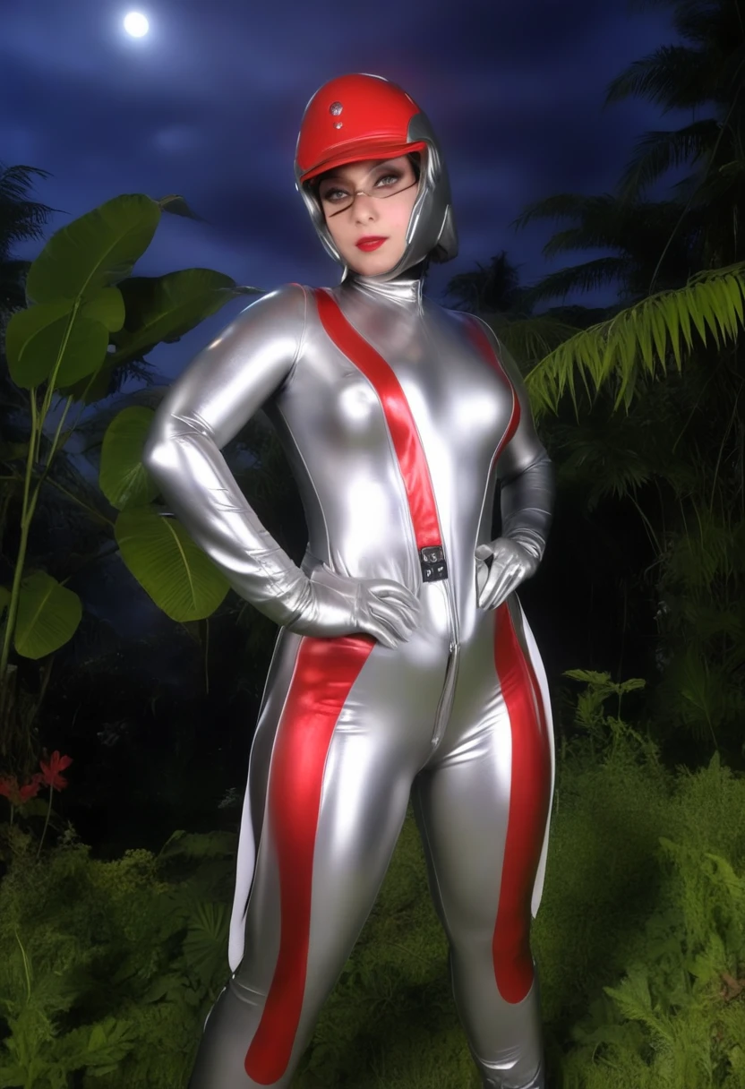 zPDXL, source_anime, BREAK slave Trilla, helmet with red translucent visor, , armor, silver gloves,((tight silver bodysuit)),,((silver pants)), BREAK close-up, solo, standing, front view, medium breasts, , wide hips, BREAK x3dce, 3d, jungle background, dense vegetation, rain, night, night sky,